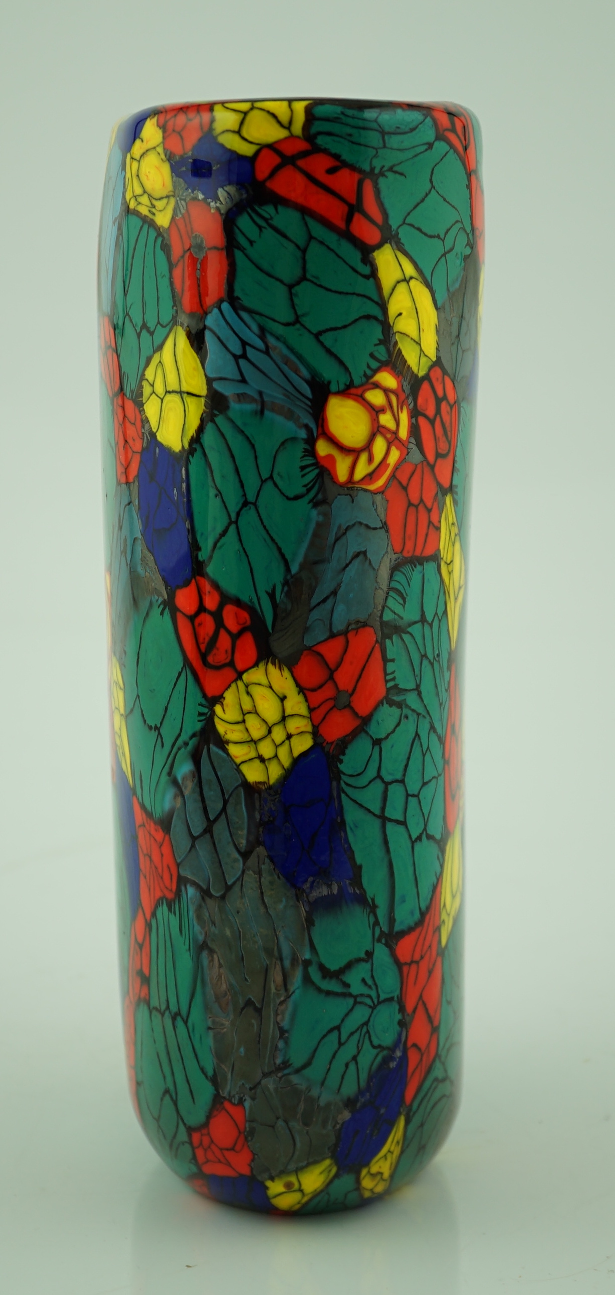 Vittorio Ferro (1932-2012) A Murano glass Murrine vase, cylindrical, with a multicoloured design, signed, 29cm, Please note this lot attracts an additional import tax of 20% on the hammer price